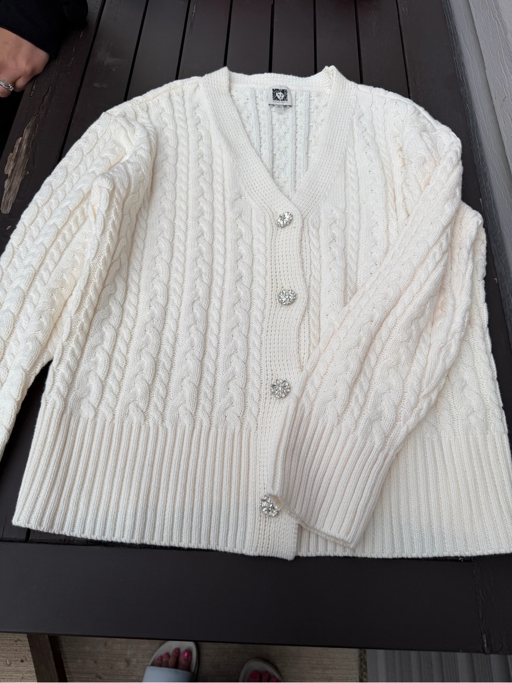 Anne Klein Cream Cable Knit V-Neck Cardigan with Jewel Button